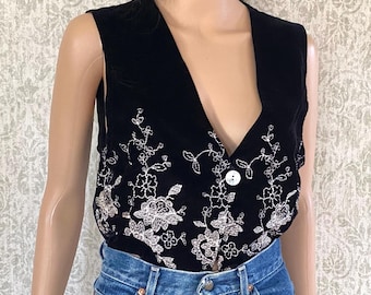 Vtg Velvet Vest | Vintage WRAPPER 80s 90s Embroidered Waistcoat | Black Sleeveless Coat Jacket Top