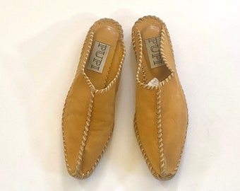 Vintage PUPI Leather Mules | Threaded Mocassin | 80s Tan Woven Flats | Slip On Shoes | 6.5 - 7 sz Slippers