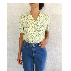 Vintage Yellow Floral Blouse | V Neck Women&#39;s Top | Vtg 80s Handmade Secretary Shirt