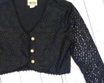 Vintage 80s Black Lace Cropped Blazer: Sheer Sleeve Top