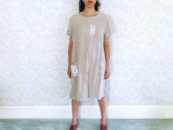 Vintage Linen Dress Oatmeal Minimalist Tent Overs… - image 1