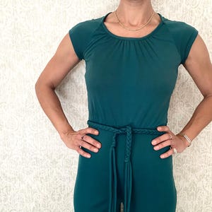 Vtg 70s Disco Jumpsuit | Vintage Forest Green Bell Bottom One Piece | Fitted Sexy Disco Jumper | Wide Leg Belted Suit