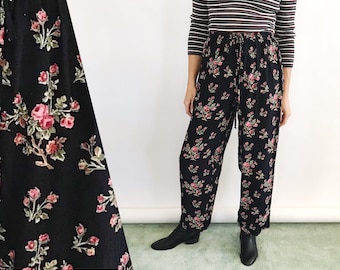 Vintage Floral Rayon Wide Leg Pants: 80s High Waisted Trousers