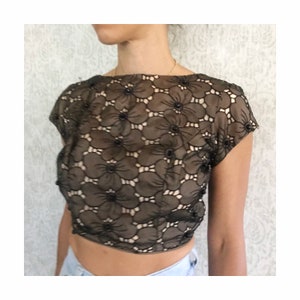 Vintage Black Lace Blouse: 1950s Floral Beaded Crop Top (AS IS)