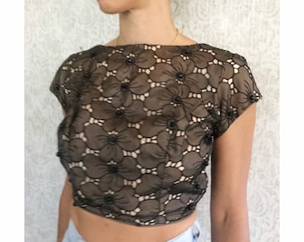 Vintage Lace Floral Blouse AS IS | 50s 60s Handmade Vtg Cropped Top | Formal Black Beaded Blouse Crop Shirt