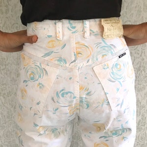 Vintage Floral Print Cotton Pants: 80s High Waisted Trousers 28&quot;