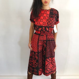 Vintage Gaucho Pant Set: Red & Black Abstract Two-Piece Suit