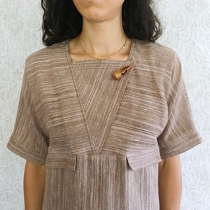 Vintage Oatmeal Shirt Dress Minimalist Modern Style Vtg Midi LESLIE FAY Boho Tent Shirtdress