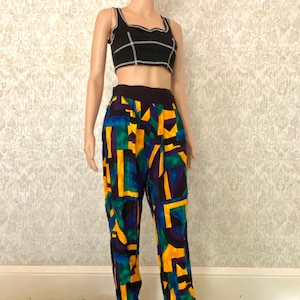 Vintage 80s Rayon Pants | Abstract Geometric Print Trousers