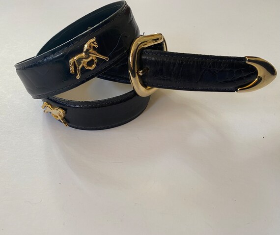 Vintage Horse Belt | Black Leather Brass Novelty … - image 8