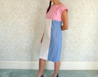Vtg Linen Colorblock Dress | Vintage 80s Pastel Sheath | Sleeveless Color Block Midi | sz 8