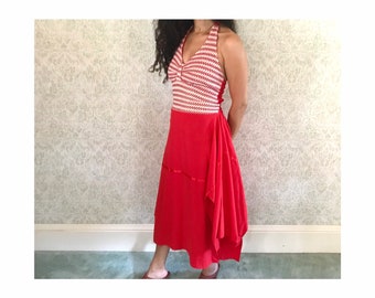 Vtg 70s Handkerchief Dress | Vintage Red & White Woven Halter | Hippie Festival Clothing