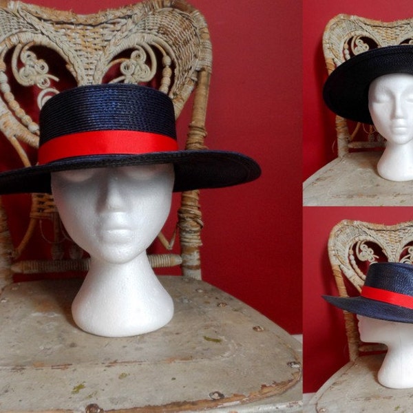Navy w/ Red Boater Hat, Straw Flat Top School Girl Madeline Ribbon Quaker, Amish Hat, Sun Summer Wide Brim Hat Garden Party
