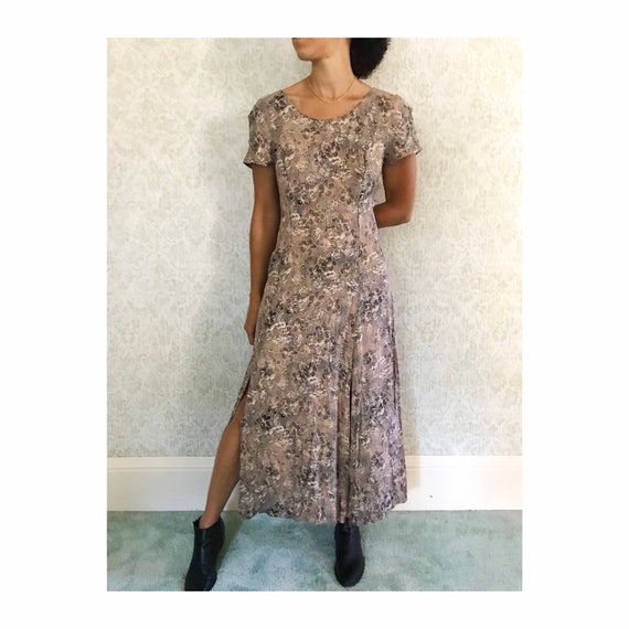Vintage Sheath Dress Double Slit Floral Print Grun