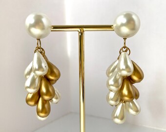 Vintage Teardrop Pearl Earrings Dangle Drop Two Tone White & Gold |  Deadstock 80s 90s Statement Jewelry  | Gifts for Her