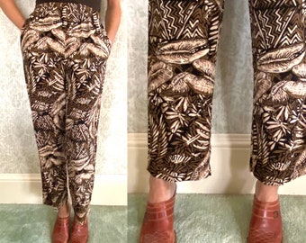 Vintage Leaf Print Slacks | High Waisted Pants | Natural Tone Trousers | Tropical Print