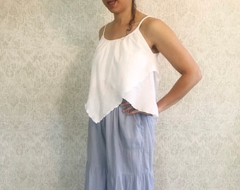 Vintage White Cotton Tank Handkerchief Sleeveless Blouse Sleeveless Shirt Retro Fashion Hippie Festival Clothing Sz Sm 60s 70s