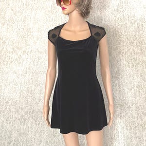 Vtg Little Black Velvet Dress | 90s Y2K Bodycon Stretch Minidress | Sheer Sexy Back Skater Mini | Cocktail Party Dress