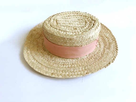Vintage Straw Boater / Large Wide Brim Flat Top S