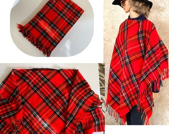 Vtg 60s Blanket Poncho | Tartan Wool Plaid Cape | Vintage Fringe Shawl Light Jacket Hippie Winter Throw Cover | Dual Purpose