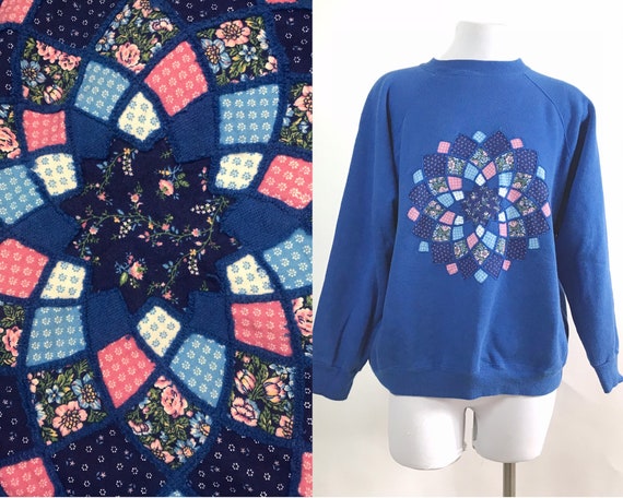 Vintage Quilted Raglan Sweatshirt Blue Pull Over … - image 9