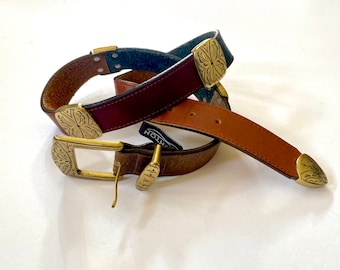 Vintage Brighton Blue Leather Belt Brass Buckle 1991 1991 Brighton Leather and Brass Sectional Belt SMALL 28  main image 3