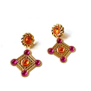 Deadstock Vtg 80s Earrings | Vintage Jewel Tone Dangle Drop Earring | Pink & Gold 90s Statement Jewelry