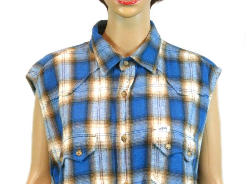 Vintage GUESS Shirt 90s Grunge Sleeveless Top Unisex Flannel Plaid Button Down Oversize Revival 1990 100 /% Cotton Festival Clothing Cut Off