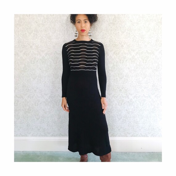 Vintage Knit Sweater Dress | 70s Black & Silver M… - image 2