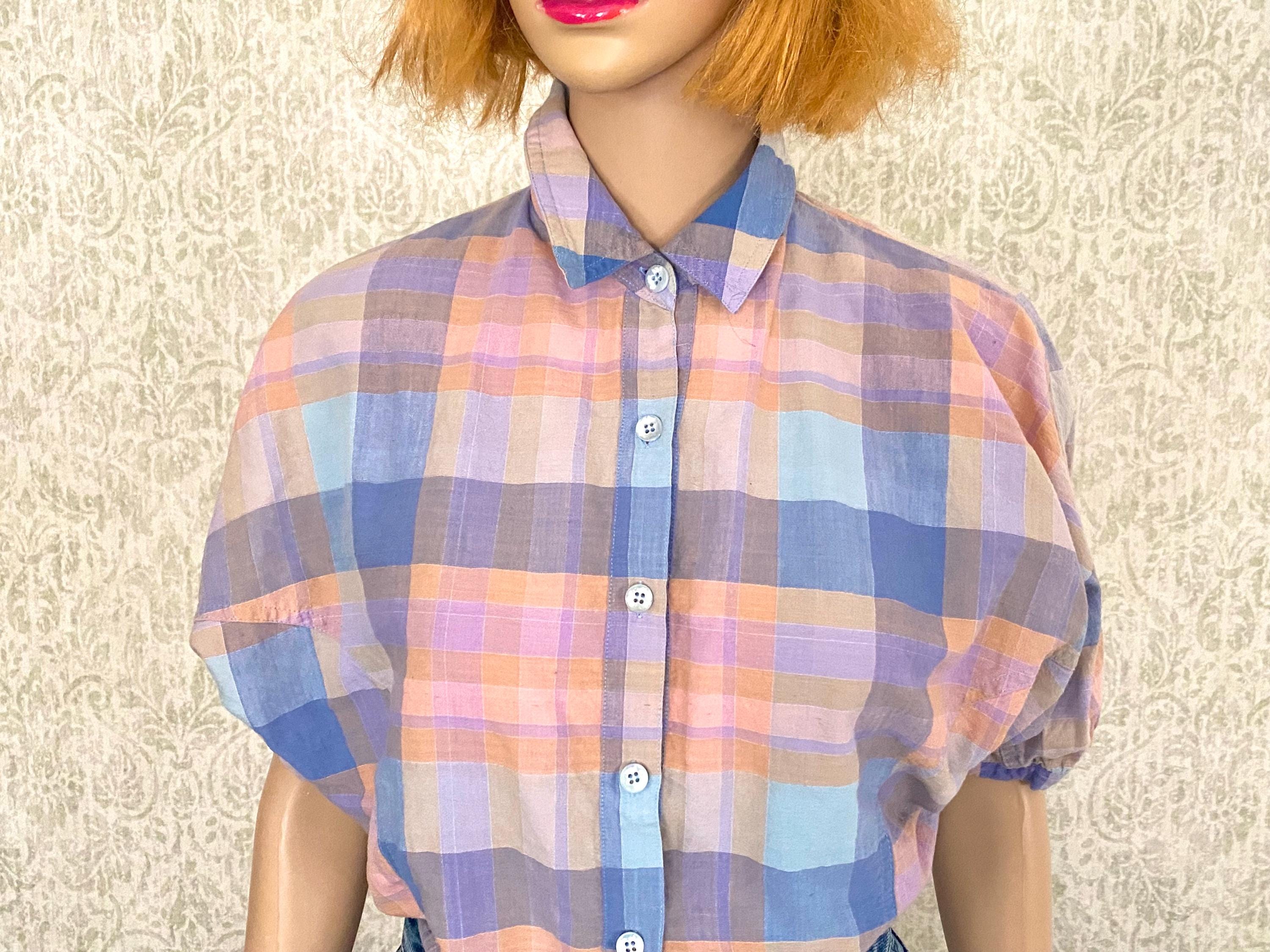 Vintage 80s Dolman Sleeve Blouse | 80s ERIKA Plaid Print Shirt | Vtg Cotton Collared Short Puff Sleeve Top