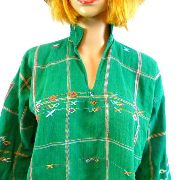 Vtg Green Tunic Top | Vintage South American Embroidered Blouse | 70's AS IS Tent Blouse | Hippie Boho Festival Clothing Oaxacan