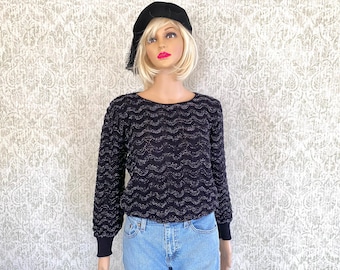 80s Vintage Metallic Knit Sweater - Black & Silver Lurex, Made in USA