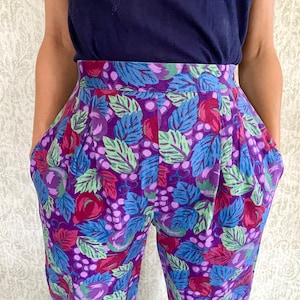 Vintage Cotton Fruit Print Pants | Novelty Tapered Leg Trousers | 25” Waist Floral Prints | Vtg 80s