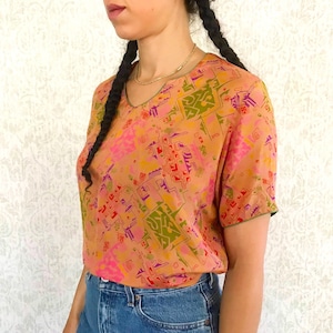 Vintage Silk Blouse: 90s Abstract Print Short Sleeve Top