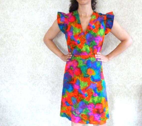60s Vintage Dress | Flutter Sleeve Midi | Bright … - image 1