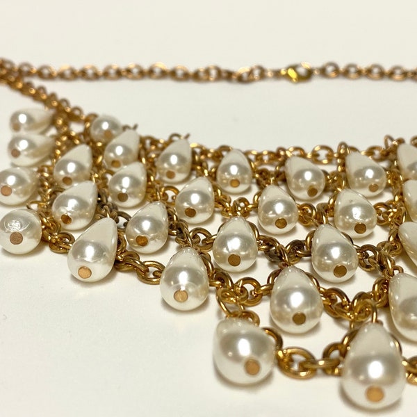 Vintage Bib Necklace  | Teardrop Pearl Tiered Fringe Waterfall Necklace | Long Costume Jewelry