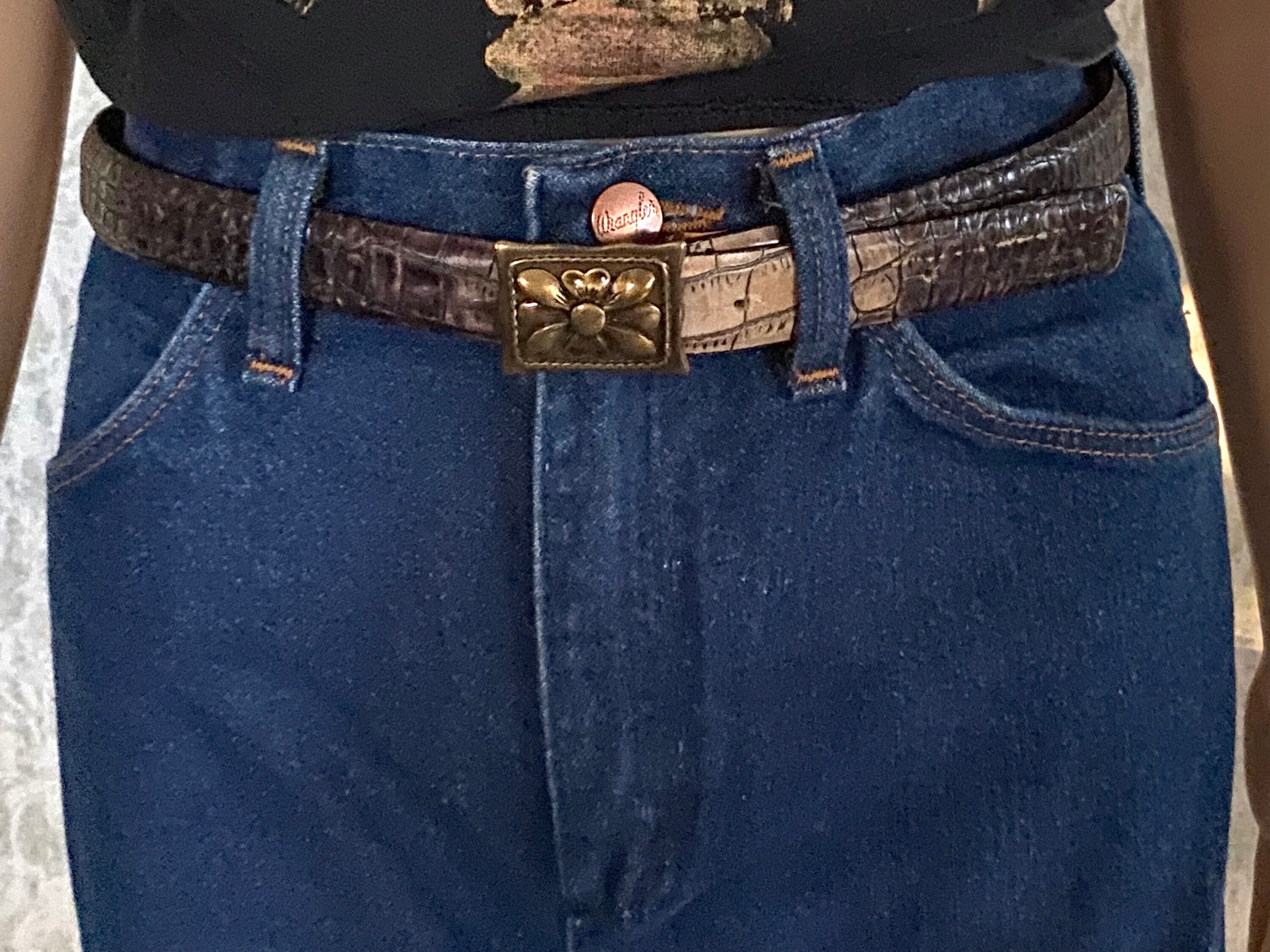 Berge Vintage Croc Print Leather Belt Vintage BERGÉ Leather Belt: Crocodile Print, Brass Flower  main image 3