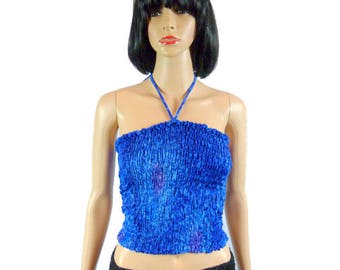 Vintage Tube Top | Vtg Halter 80s Crop Top Beach Cover Terivoile Tie Dye Clothing Sleeveless Elastic Bandeau Shirt Electric Blue