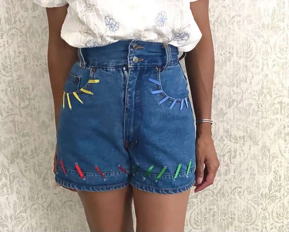 Vtg Ribbon Jean Shorts | Embellished Extra High W… - image 1