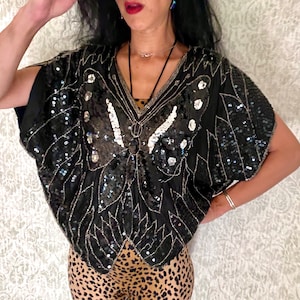 Vintage 70s Sequin Butterfly Silk Top: Black Silver Beaded Blouse