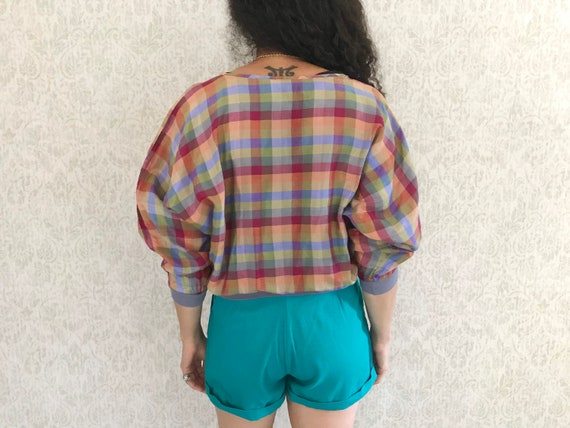 Vintage Silk Blouse Check Plaid Dolman Sleeve Top… - image 5