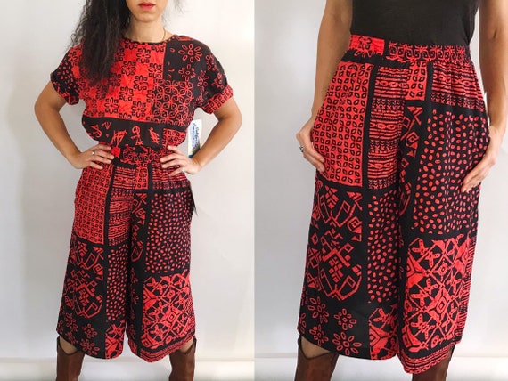 Vintage 2pc Gaucho Pant Set Deadstock Red & Black