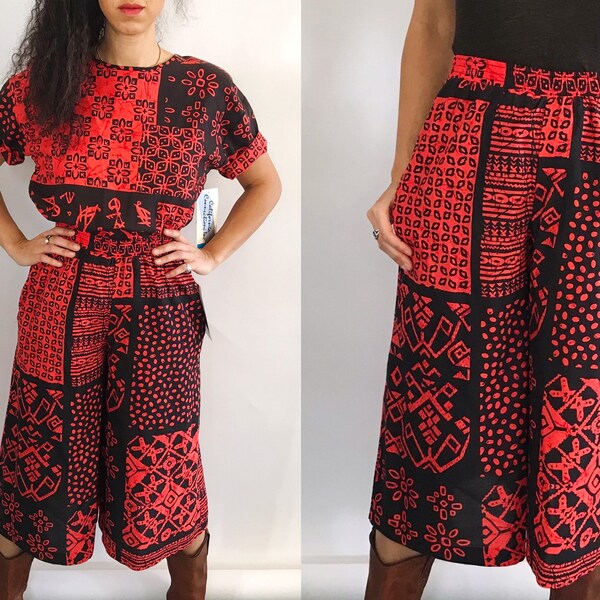 2pc Vtg Gaucho Pant Set | Vintage Deadstock Red & Black Abstract Print Women's Two Piece Suit  | High Waisted Wide Leg 80s