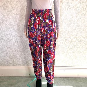 80s Vintage Floral Rayon Pants: High Waist Tapered Trousers