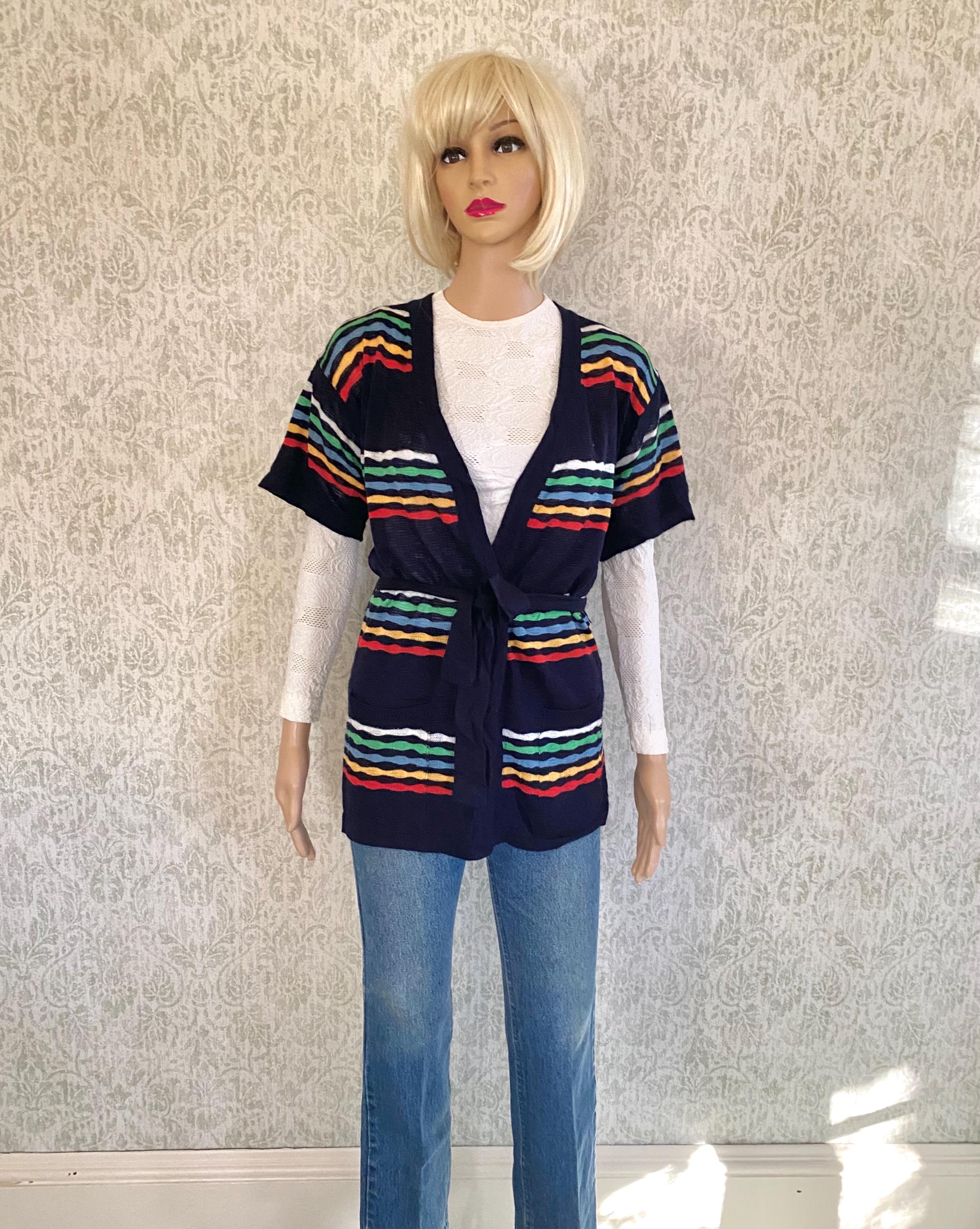 Vintage 70s Striped Acrylic Cardigan: Belted Knit Sweater - Etsy