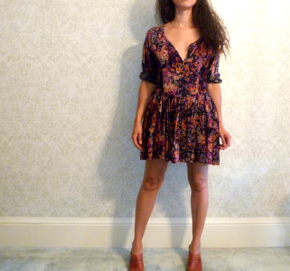 Vintage Crushed Velvet Babydoll Dress: Floral Mini Hippie Boho Vintage Crushed Velvet Babydoll Dress: Floral Mini Hippie Boho
