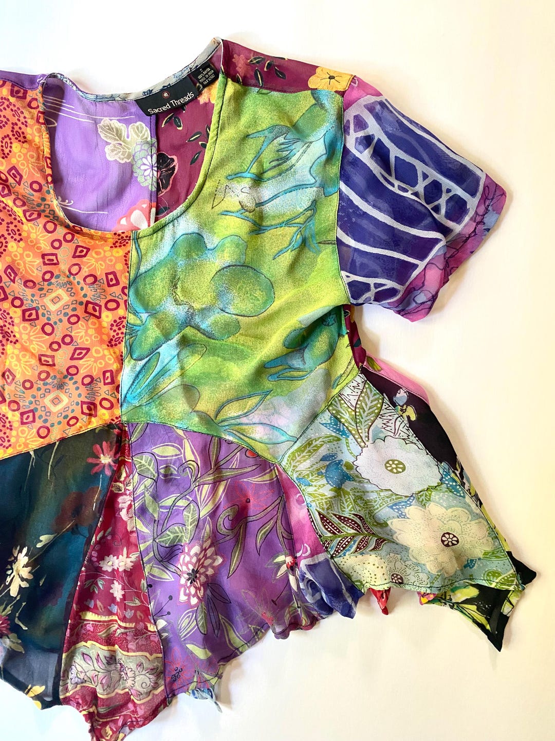 Nature's Threads Patchwork Vintage 90s Sacred Threads Patchwork Blouse: Semi Sheer Floral ...