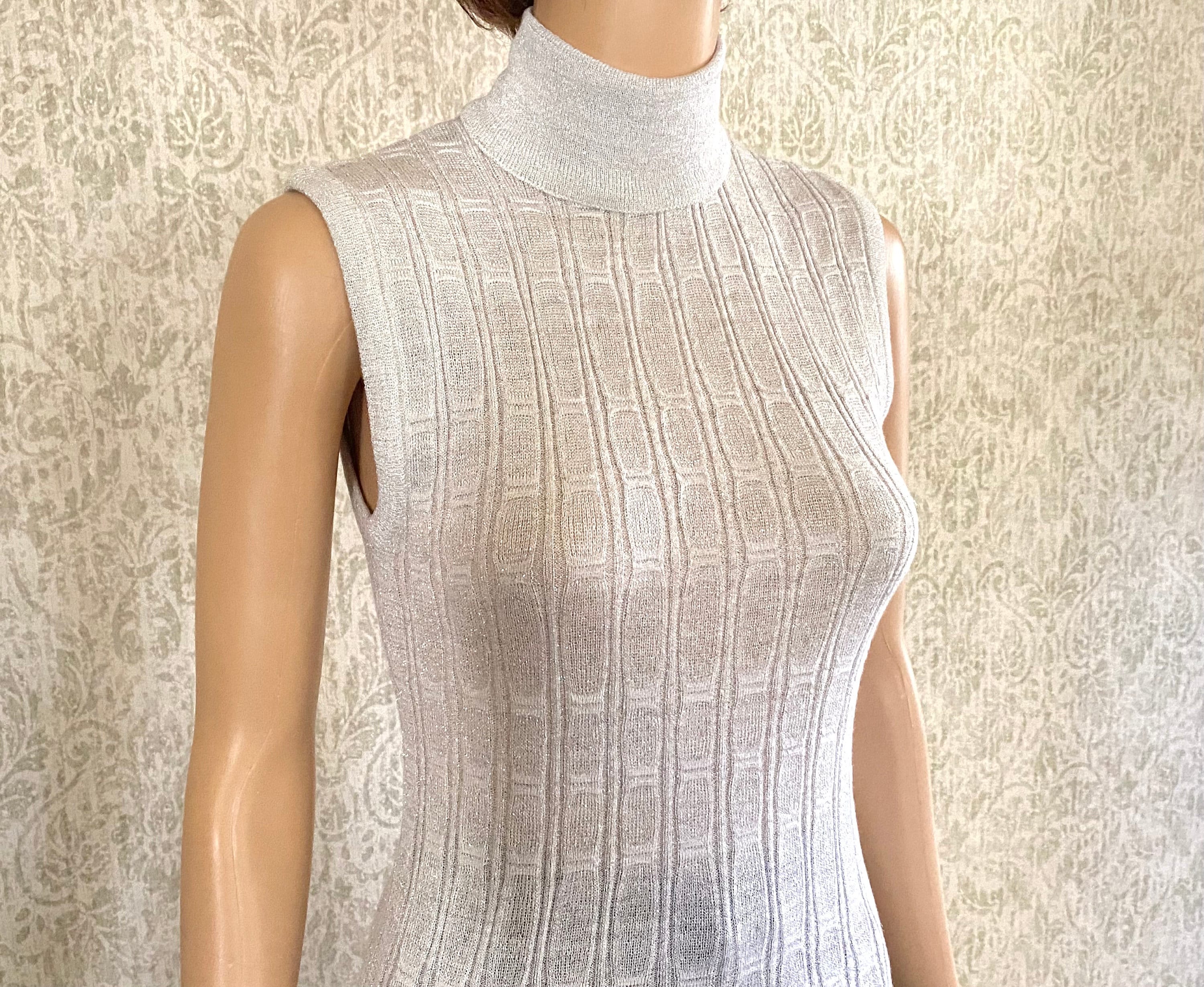 Vtg Metallic Knit Mockneck Sweater Vintage 1960 s Grey Silver Mock
