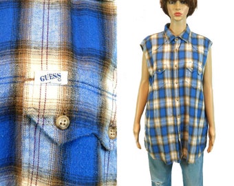Vintage GUESS Shirt | 90s Grunge Plaid Flannel | Sleeveless Top Unisex Gender Neutral Oversize | 100 % Cotton Clothing Cut Off Sleeves