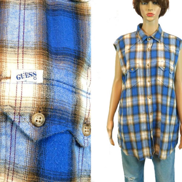 Vintage GUESS Shirt | 90s Grunge Plaid Flannel | Sleeveless Top Unisex Gender Neutral Oversize | 100 % Cotton Clothing Cut Off Sleeves